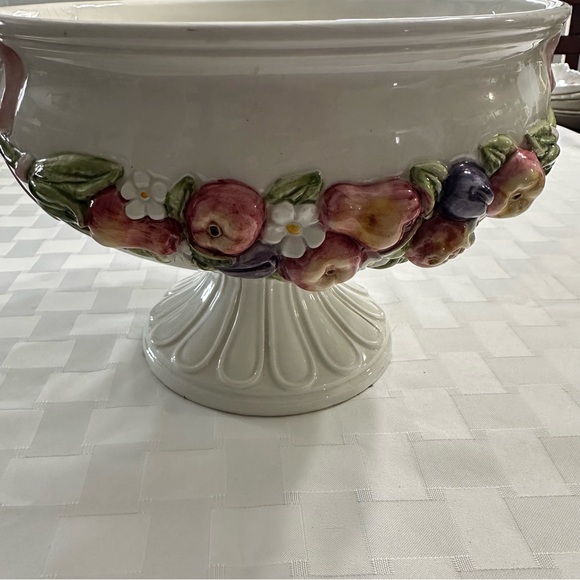 Ceramic Pedestal Fruit Bowl with Floral Relief made in Italy
